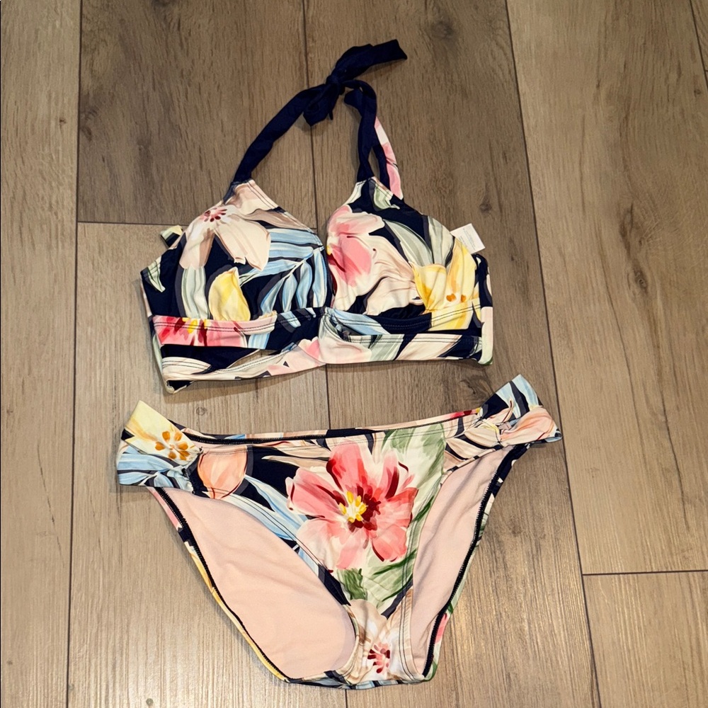 Kona Sol Peach and navy Bikini Set